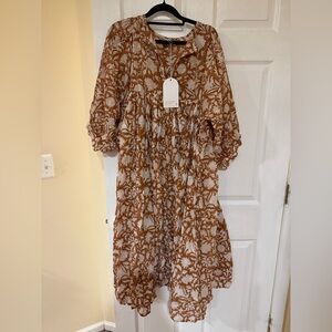 **NWT**Daughters of India Kyra Midi Dress in Caramel Brown and White Floral